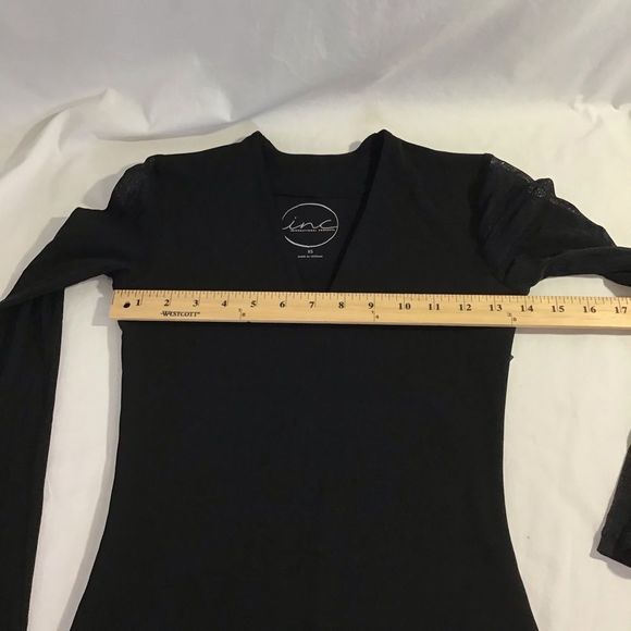 INC Deep Illusion Black Blouse V Neck Mesh Sleeve - Picture 7 of 8